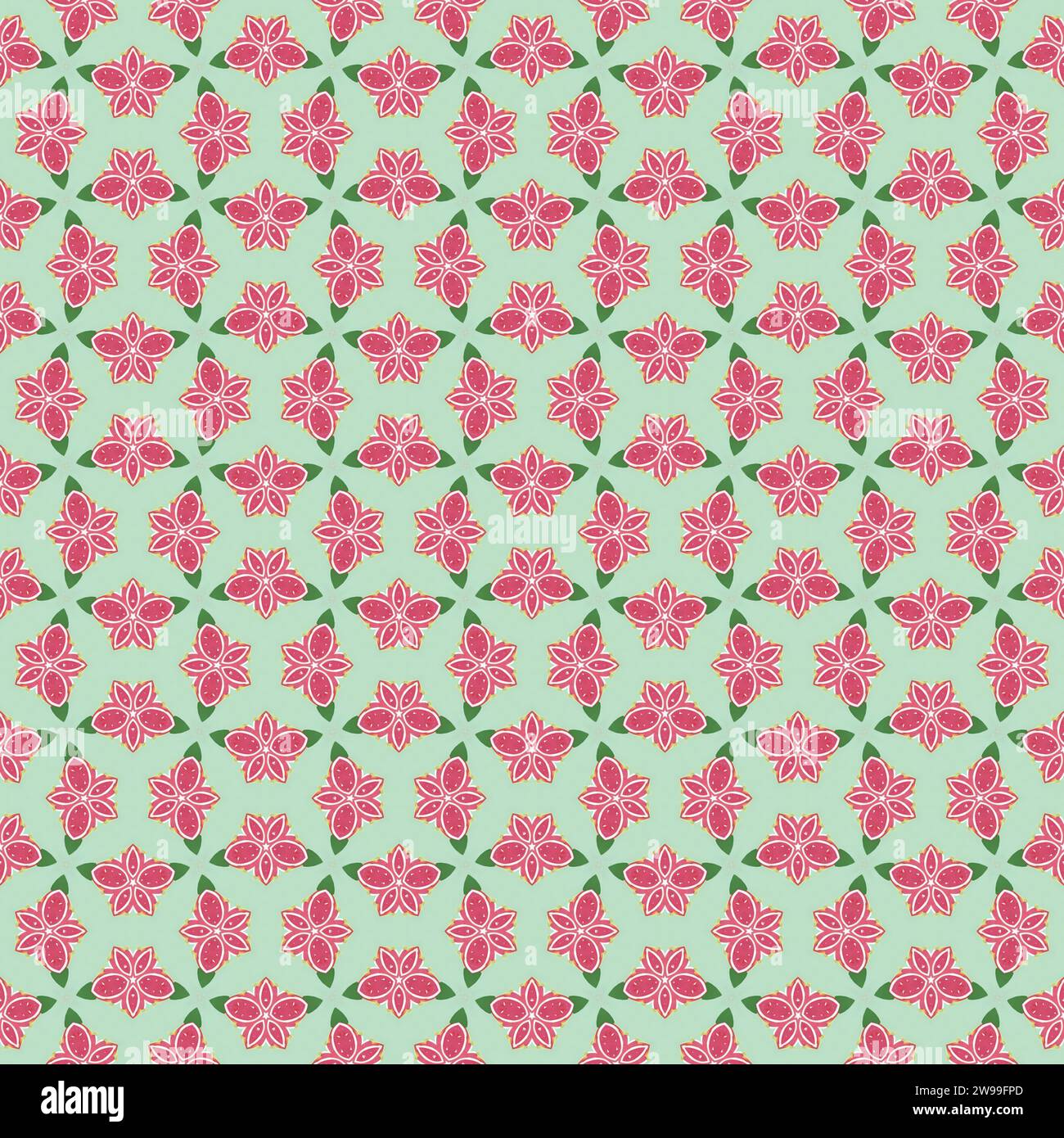 Questo primo piano presenta un piccolo tessuto floreale con una combinazione di colori rosa e verde Foto Stock