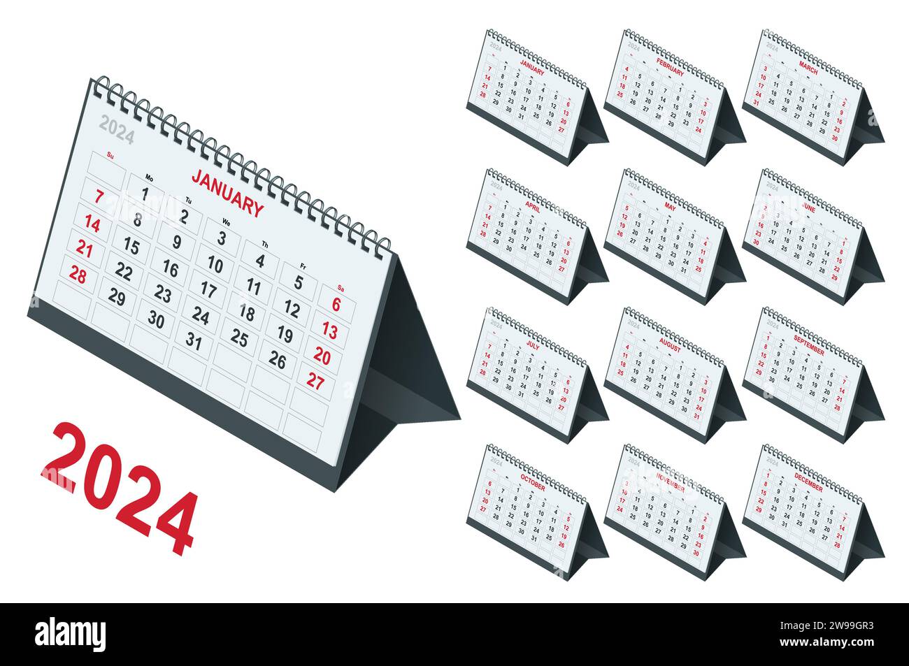 Calendario Planner per il 2024. Modello di calendario isometrico per 2024. Modello di stampa per progetti di cancelleria. Calendario aziendale e aziendale. Illustrazione Vettoriale