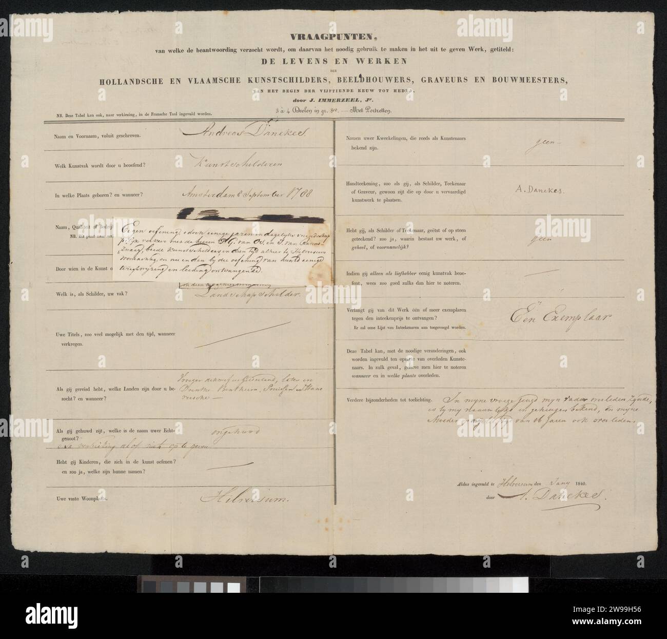 Modulo di indagine completato da Andreas Danekes, Johannes Immerzeel, 1840 manoscritto Hilversum paper. scrittura inchiostro (processi) / penna / stampa Foto Stock