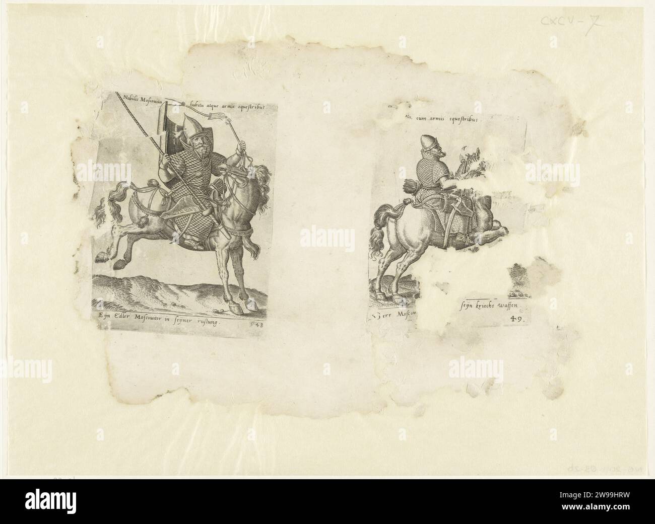 Moskovitic Edelman e Moskovitic rider, Abraham de Bruyn, 1576 - 1596 stampano due stampe su una rivista, con didascalia tedesca e iscrizione latina. Sinistra: Cavallo e cavaliere a destra. Il cavallo è al passo. De Ruiter e' imballato e vestito russo. Ha una lancia in mano. Destra: Cavallo e cavaliere a destra. Il cavallo è al galoppo. Il pilota è vestito in russo e ha un'ascia nelle sue mani. Carta di Colonia incisione guerra; affari militari (+ cavalleria, cavalieri). costume folk, costume regionale. abbigliamento militare e altre attrezzature (uniformi, berretti, armature, caschi, ecc.) Foto Stock