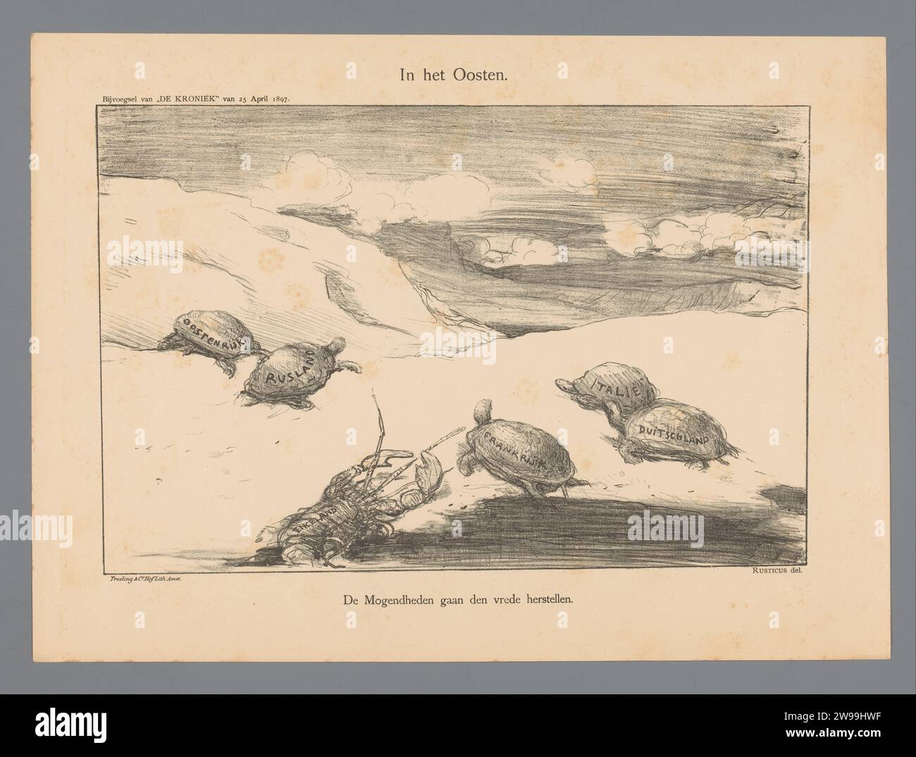 A est, Marius Bauer, 1897 stampa Cartoon sulla restrizione dei grandi paesi europei nella guerra greco-turca del 1897. Le grandi potenze mostrate come tartarughe e l'Inghilterra come un'aragosta. Crostacei di carta di Amsterdam: aragosta. tartarughe, tartarughe. Caricature politiche e satira la Grecia. Turchia Foto Stock