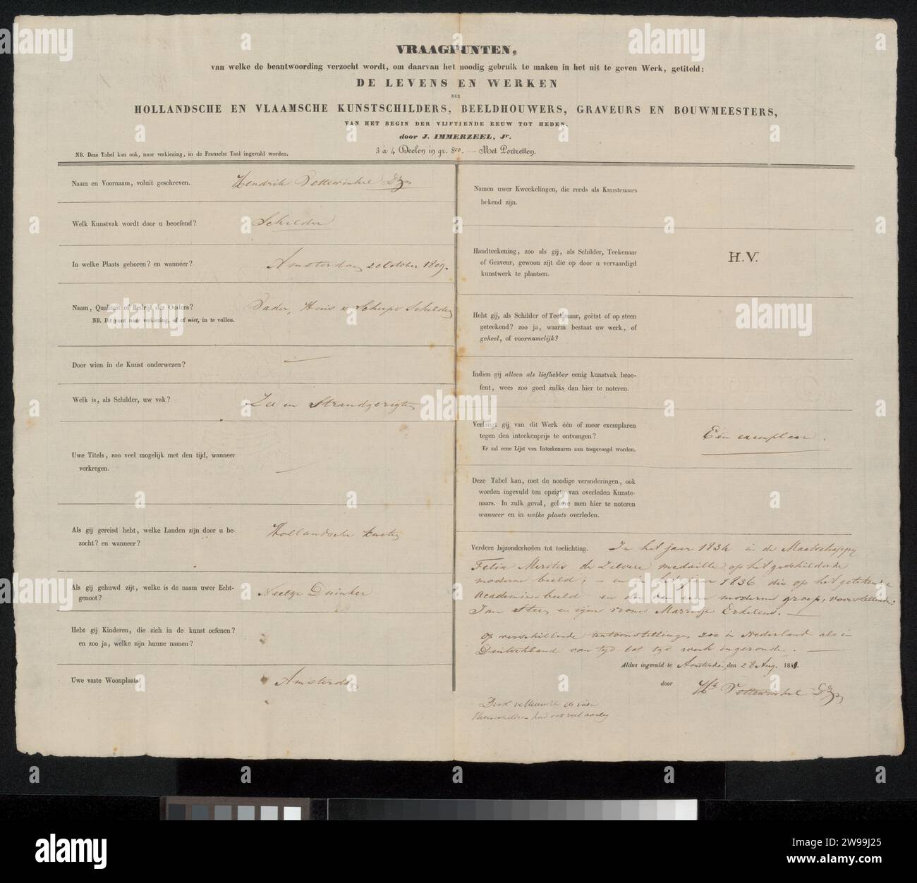 Modulo di indagine completato da Hendrik Vettewinkel, Johannes Immerzeel, 1841 manoscritto Amsterdam paper. scrittura inchiostro (processi) / penna / stampa Foto Stock