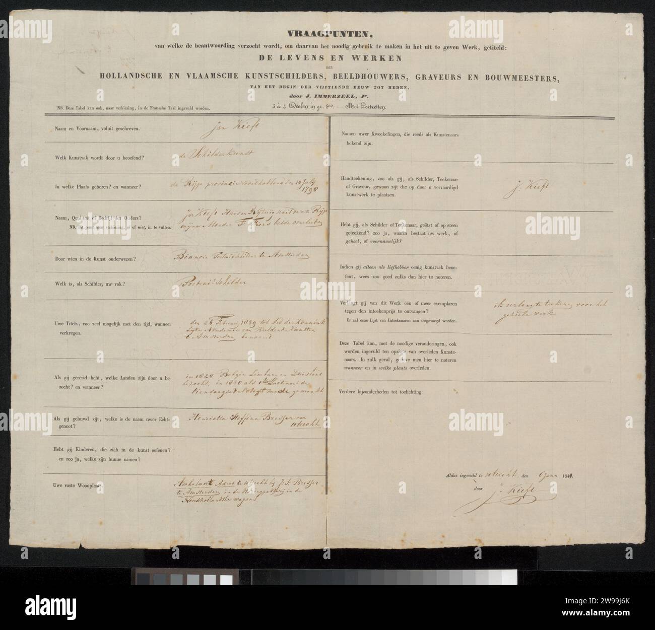 Modulo di indagine compilato da Jan Kieft, Johannes Immerzeel, 1841 manoscritto Utrecht paper. scrittura inchiostro (processi) / penna / stampa Foto Stock