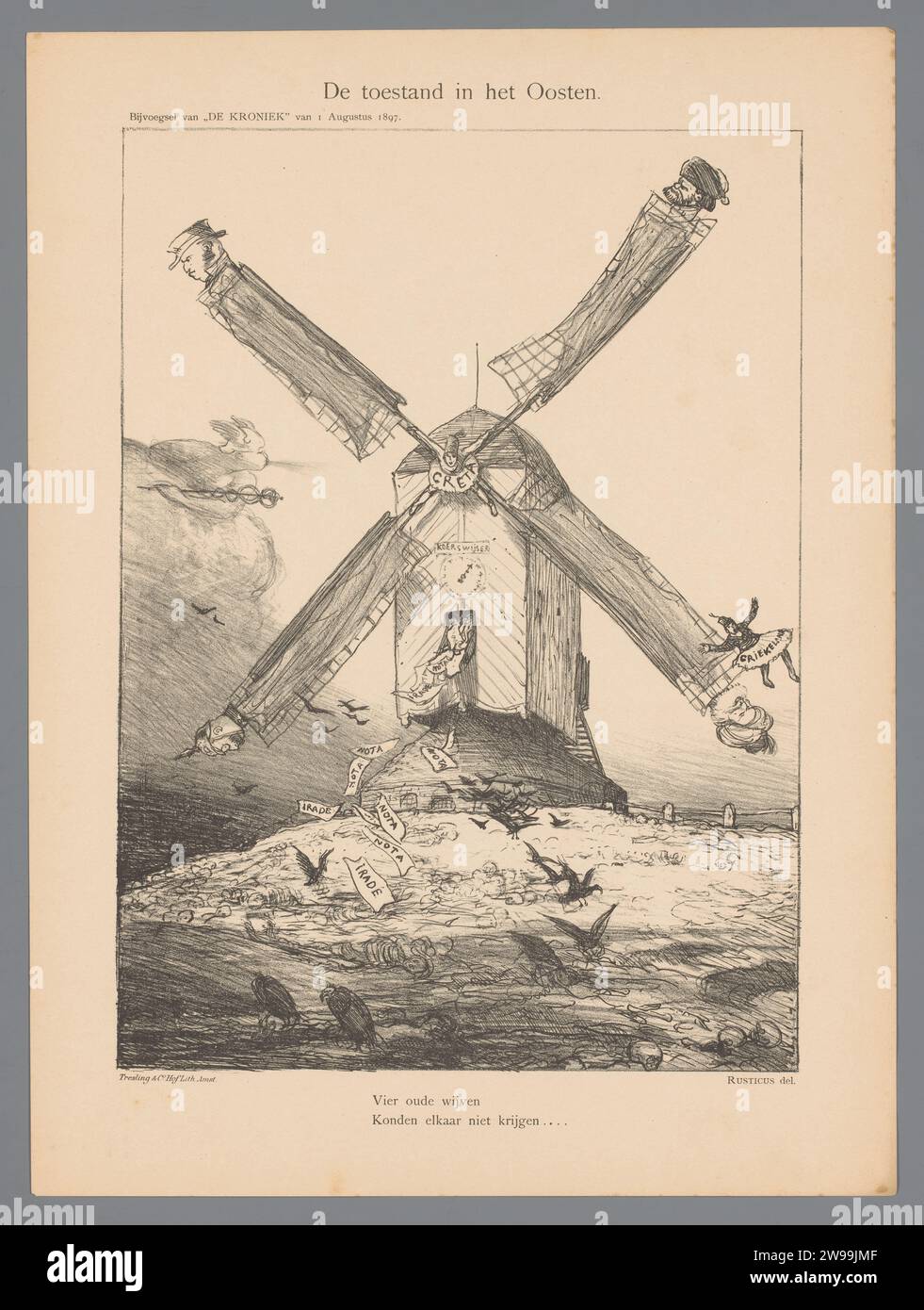 La situazione ad est, Marius Bauer, 1897 stampa Cartoon sul lento corso dei negoziati a Creta tra i paesi di Turchia, Grecia, Inghilterra e Russia. Intributato come mulino a vento con Creta come Molena e le quattro potenze come le stoppine. In fondo a due righe da un bambino fresco. Il mulino a vento di carta dell'Aia nel paesaggio. Caricature politiche e satira la Turchia. Grecia. Creta. Russia. Inghilterra Foto Stock