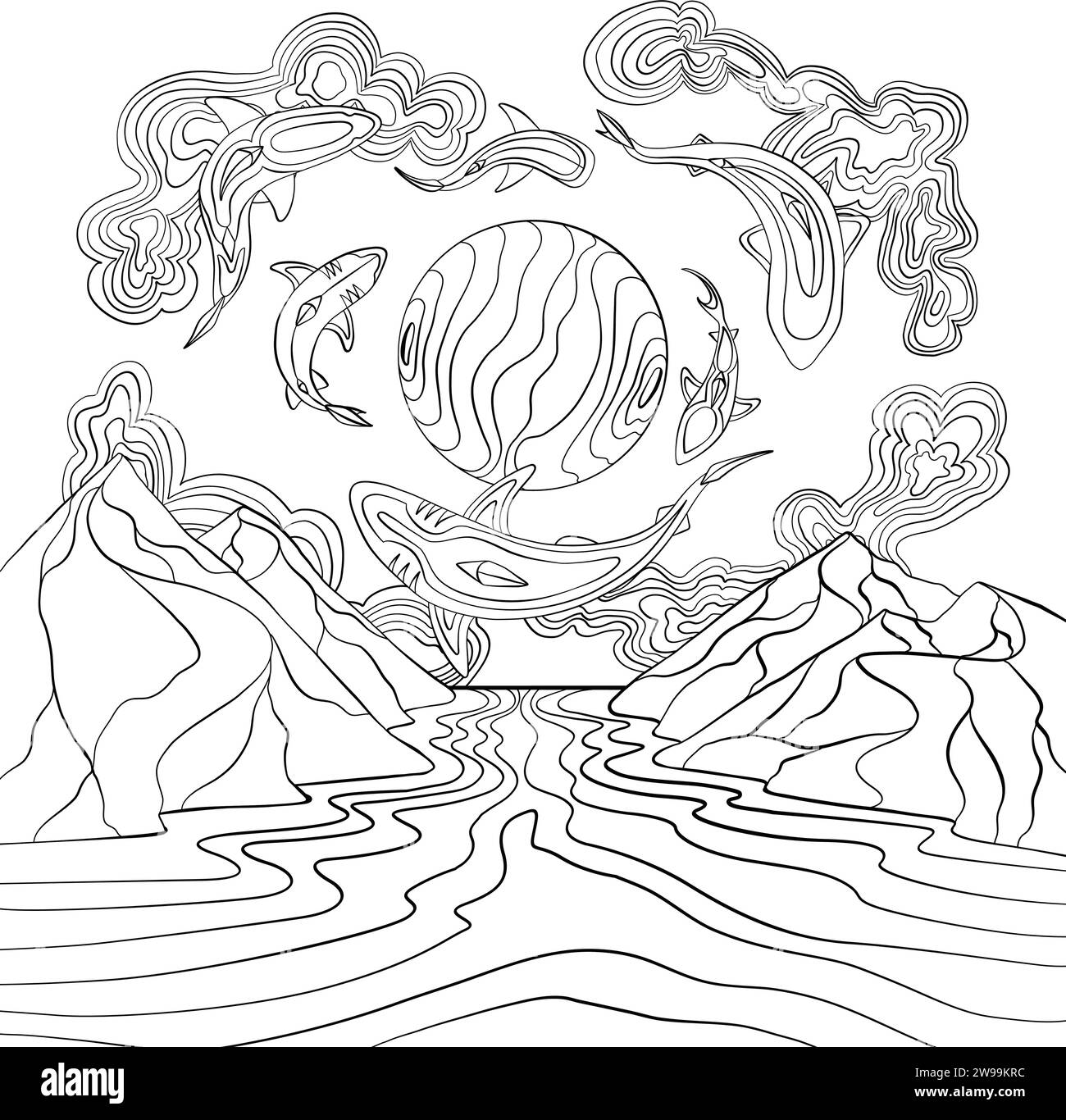 Gli squali nel design artistico della linea del cielo. Illustrazione Vettoriale