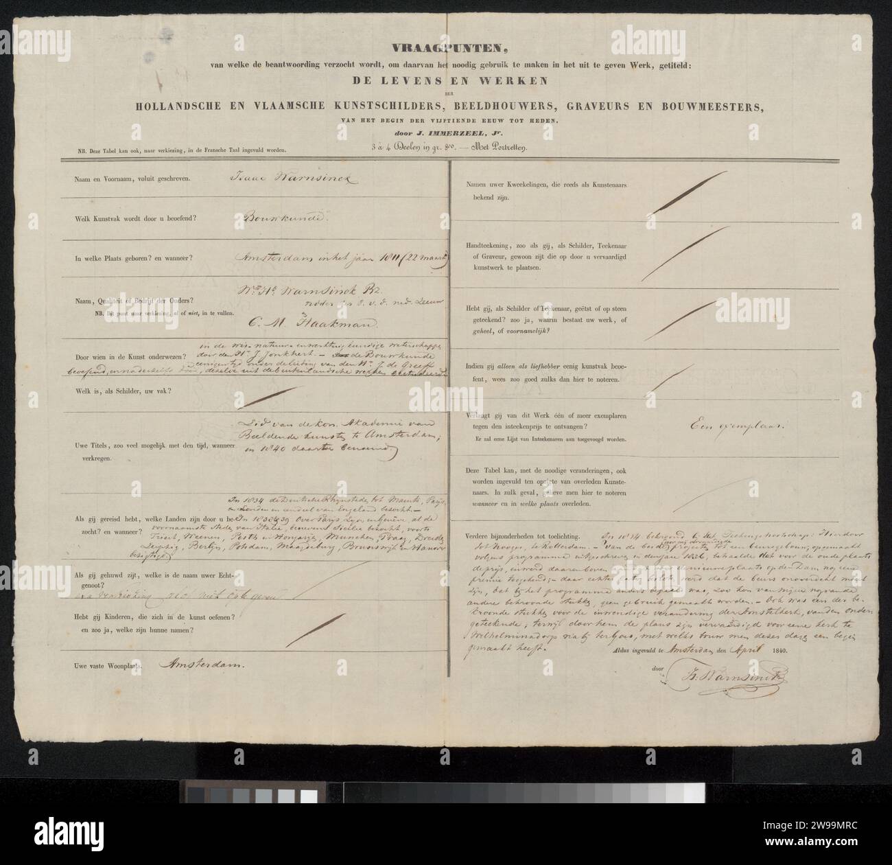 Modulo di indagine completato da Isaac Warnsinck, Johannes Immerzeel, 1840 manoscritto Amsterdam paper. scrittura inchiostro (processi) / penna / stampa Foto Stock