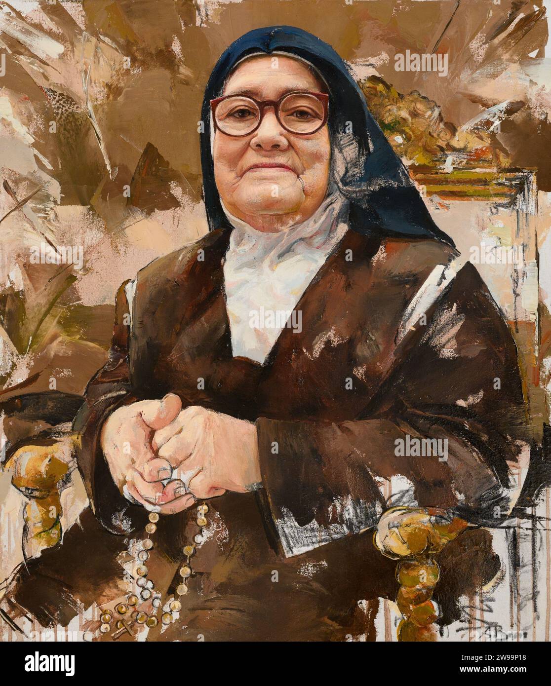 Un ritratto dipinto di sorella Lúcia di Fátima. Situato nel complesso della Basilica della Santissima Trinità nel Santuario di Fatima, Portogallo. Foto Stock