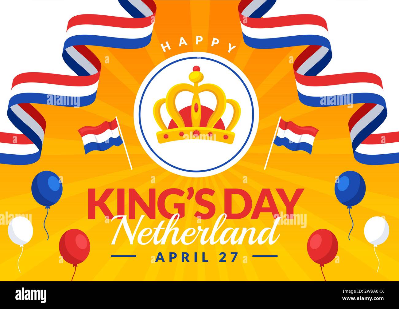 Happy Kings Netherlands Day illustrazione vettoriale il 27 aprile con bandiere e nastro ondulati nel disegno di sfondo di un cartone animato piatto celebrativo King Celebration Illustrazione Vettoriale