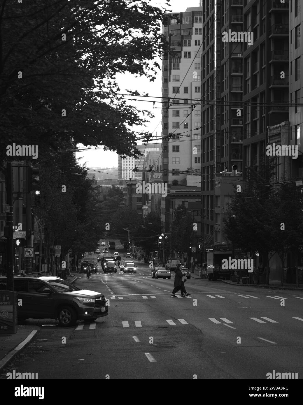 Una scala di grigi delle strade di Seattle, Washington, USA Foto Stock