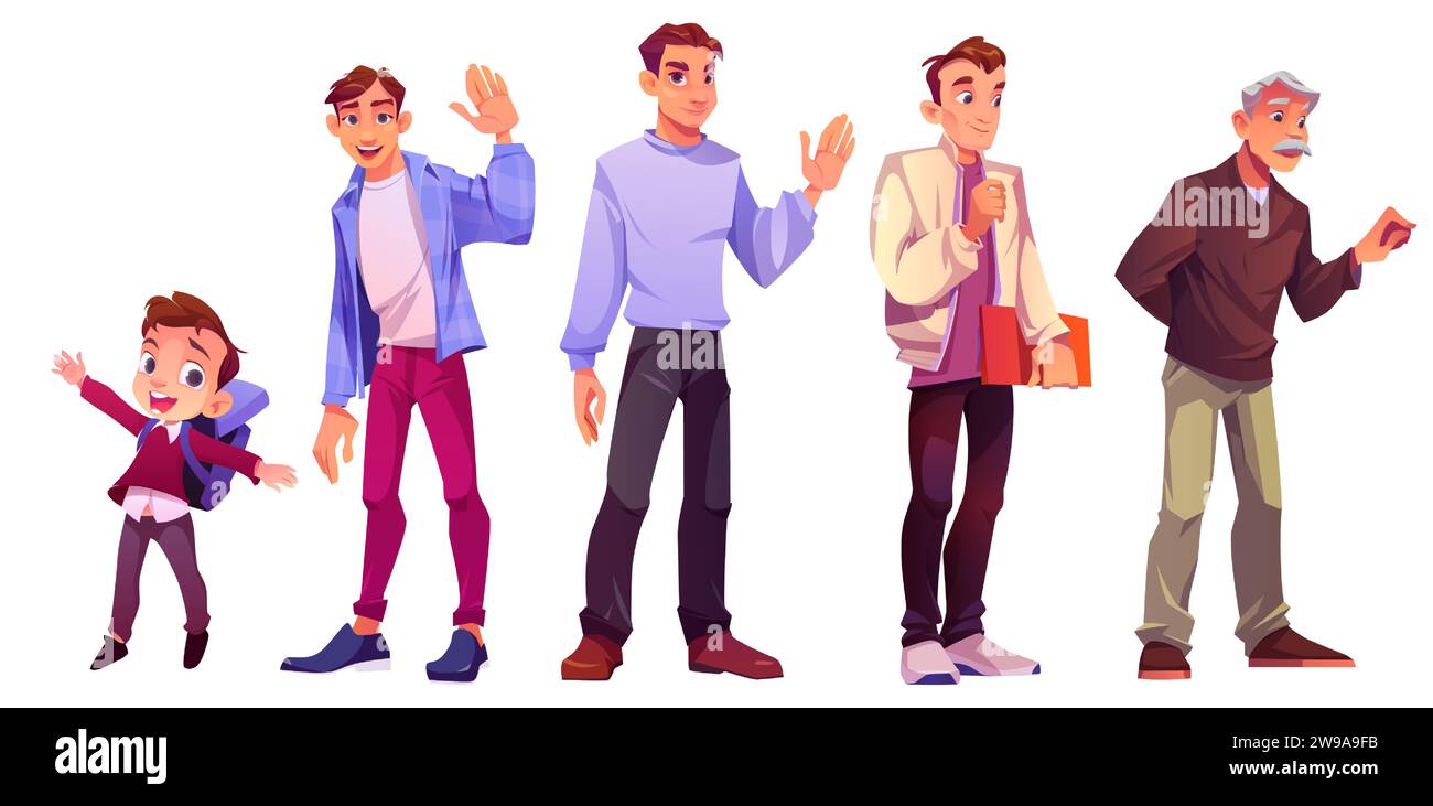 Evoluzione del ciclo di vita dell'uomo attraverso fasi di bambino, adolescente, adulto a nonna. I cartoni animati attraversano varie fasi della vita di un personaggio maschile che invecchia. Processo di crescita e sviluppo delle persone. Illustrazione Vettoriale