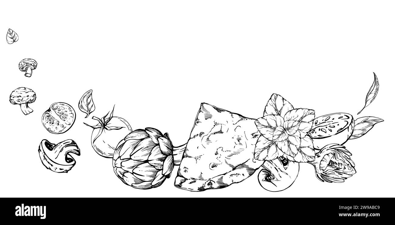 Illustrazione a inchiostro vettoriale disegnata a mano. Fetta di pasta per pizza, ingredienti assortiti, cucina italiana. Composizione isolata su bianco. Progettazione per Illustrazione Vettoriale