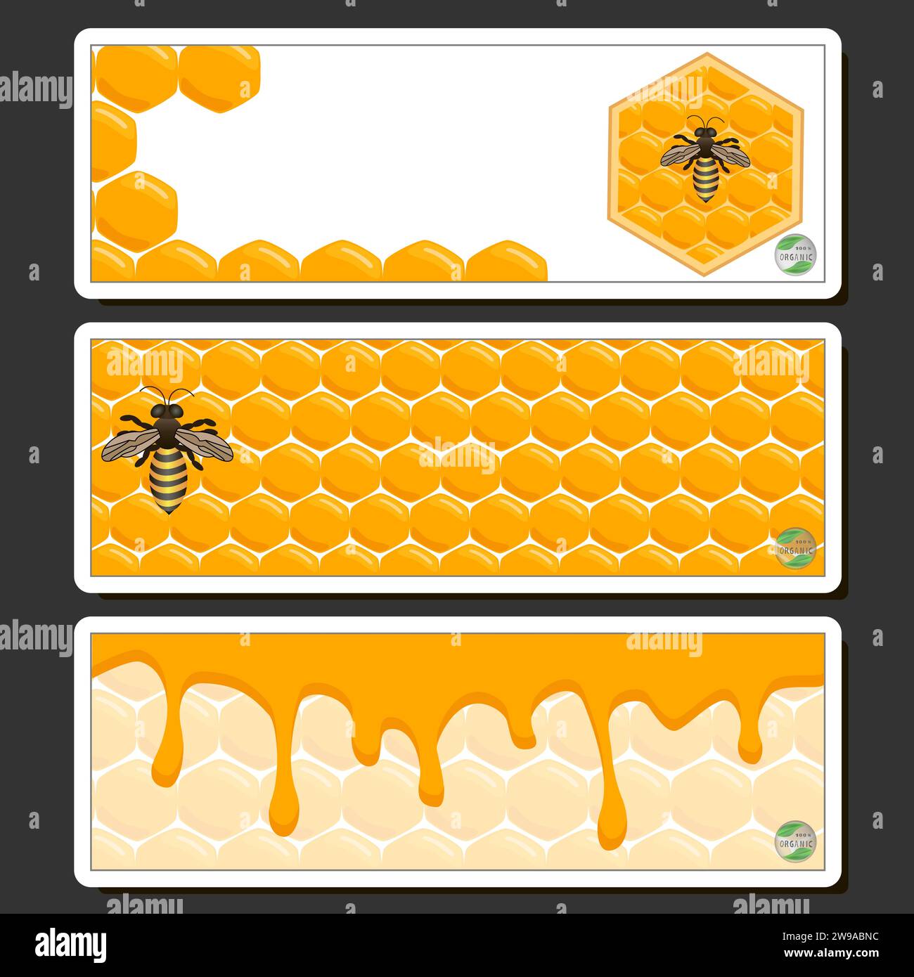 Goccia di miele di ape gocciola da honeycombs esagonali riempito con nettare dorato, honeycombs composizione estiva costituito da goccia di miele naturale, gocciola su wa Illustrazione Vettoriale