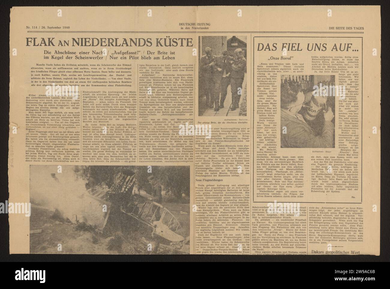 Flak on the Netherlands Coast, Anonymous, 1940 Cut from the Newspaper 'Deutsche Zeitung in den Niederlanden' with an article about German air Defence on the Dutch Coast, 26 settembre 1940. Documento nella cartella Melinex Los nella scatola dell'album fotografico "Kriegszeit in Holland" sul servizio di Hans Heinemann da un reggimento Flak del Luftverteidigungskommando della Luftwaffe. Germania carta stampata stampata Temporary fortifications Netherlands Foto Stock
