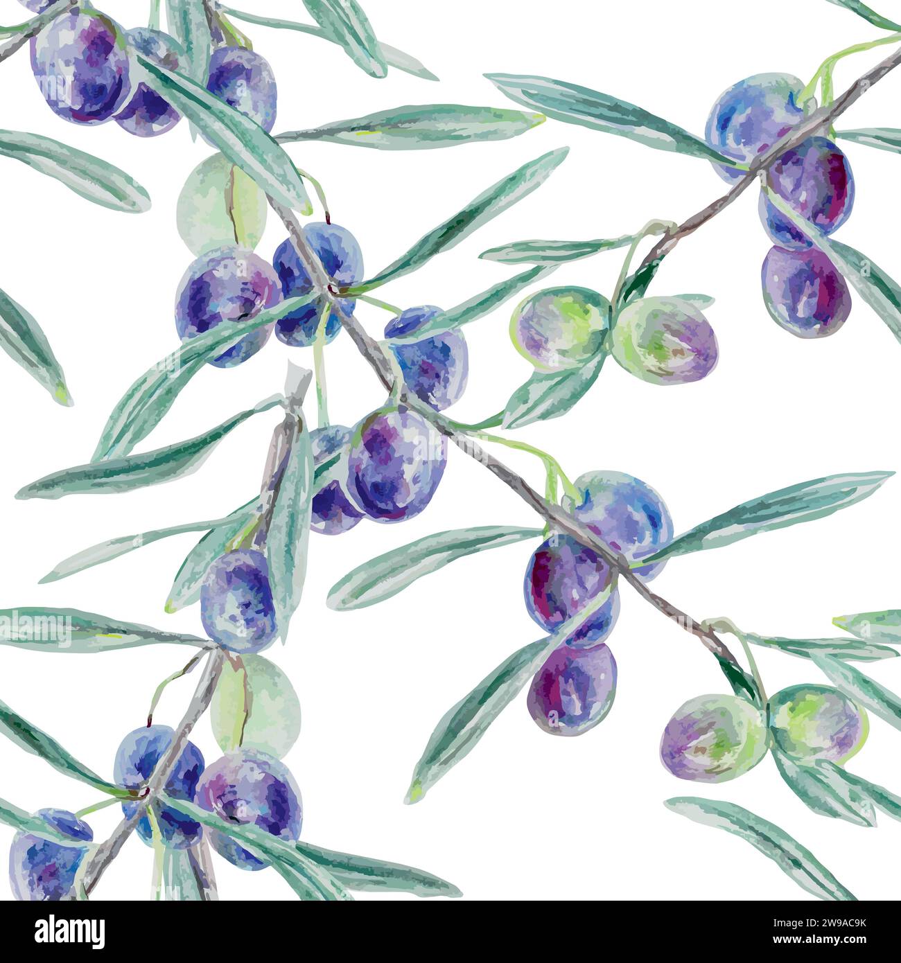 Motivo senza cuciture Olive. Illustrazione vettoriale, acquerello. Progettazione di imballaggi alimentari, etichette, prodotti cosmetici, tessili, piastrelle, banner, presentazioni. Illustrazione Vettoriale