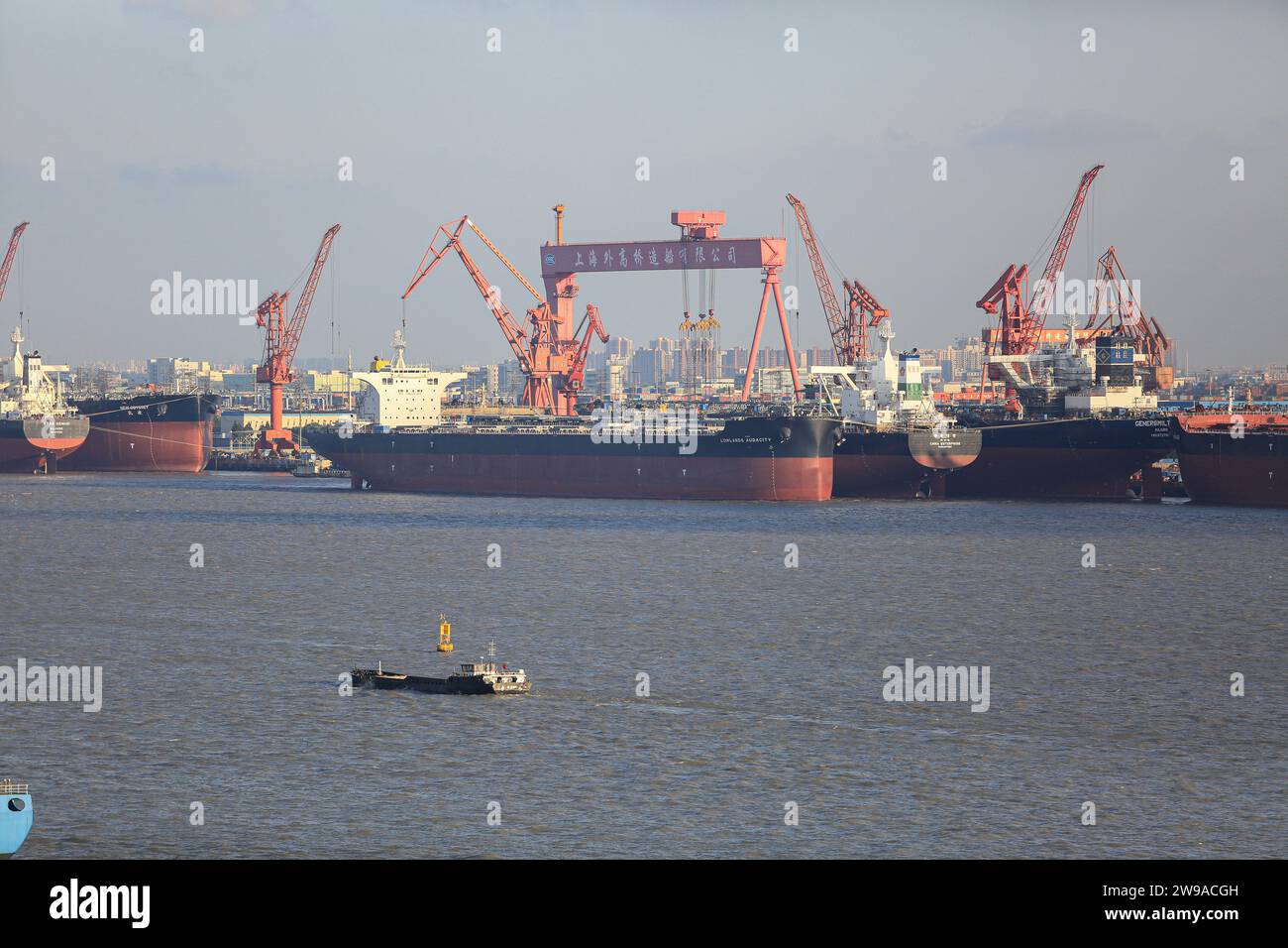 Shanghai Shipyard Co Ltd (CSSC) con navi portarinfuse nuove, gru a cavalletto, Foto Stock