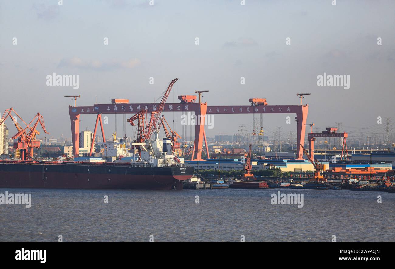 Shanghai Shipyard Co Ltd (CSSC) con navi portarinfuse nuove, gru a cavalletto, Foto Stock