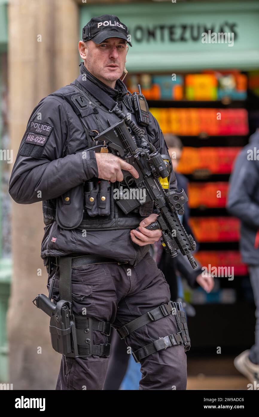 Polizia armata pattuglia nel centro di Oxford, Regno Unito Foto Stock
