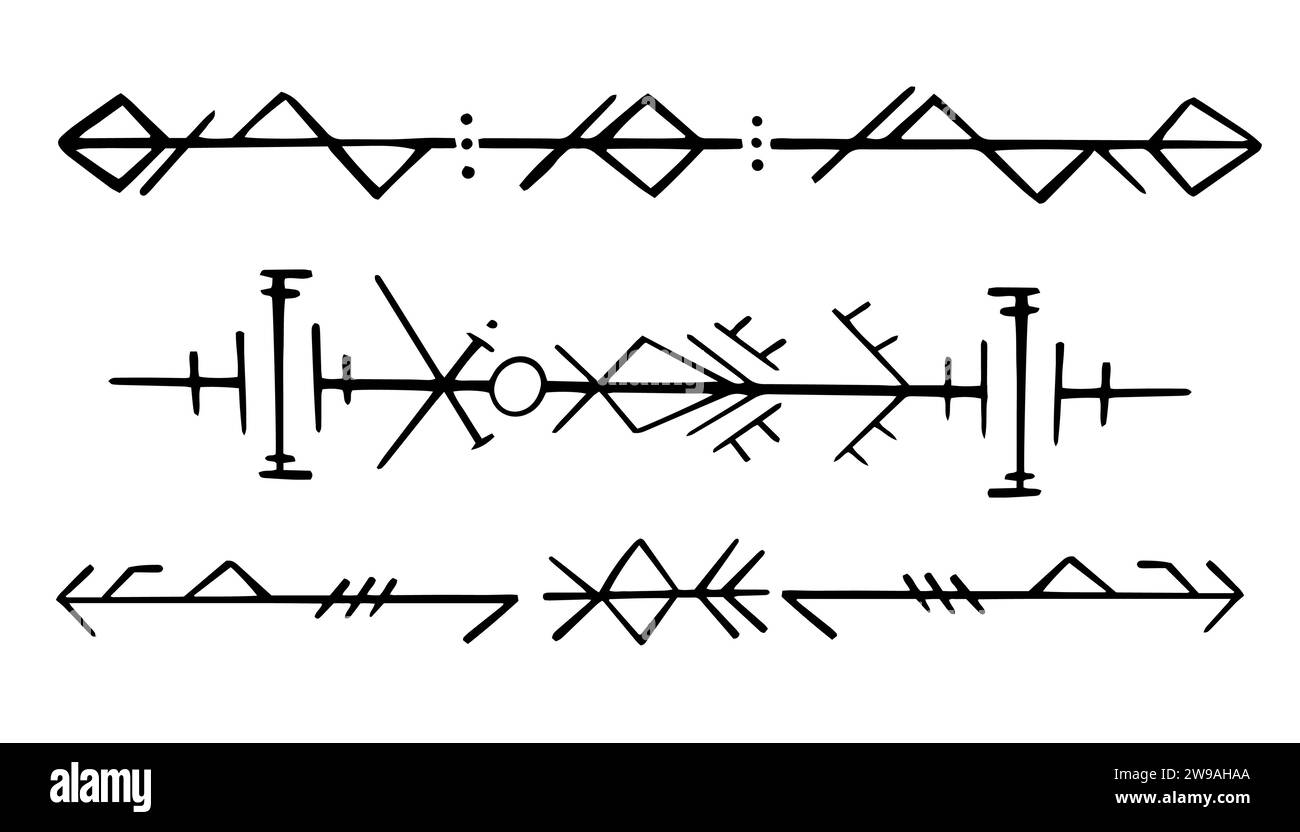 Divisorio per l'intestazione delle rune celtiche nordiche, simboli di protezione norreni in stile doodle, amuleto, segni di stregoneria su sfondo bianco. Illustrazione vettoriale Illustrazione Vettoriale