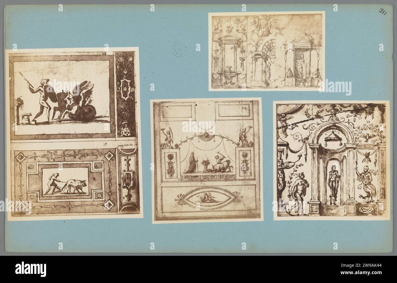 Quattro produzioni fotografiche di disegni di elementi decorativi, c. 1875 - c. 1900 Fotografia a sinistra (52) due disegni di una figura armata con scene di fantasia e una figura con tori arati, al centro (53) disegni di ornamenti di fantasia ed elementi architettonici, nel mezzo (54) un disegno di una decorazione murale con il sacrificio di un toro, destra (55) Un disegno di una decorazione murale con figure. Cartone per l'Europa. supporto fotografico albume stampa ornamento  animali ibridi. Sacrificio animale  religioni non cristiane. aratura. Ornamenti  Art Europe Foto Stock
