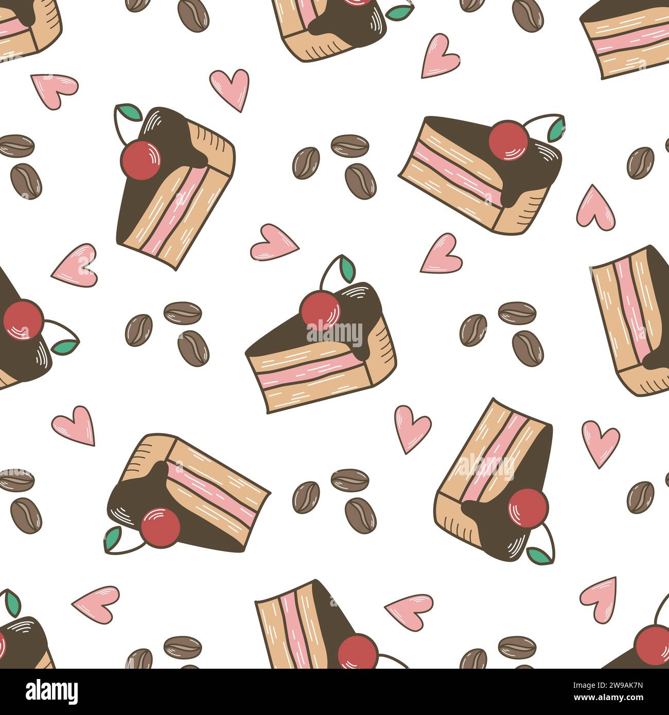 Torta alla ciliegia e chicchi di caffè senza cuciture. Fette di torta di frutti di bosco. Stampa di caffè e dolci per tessuti, imballaggi, carta Illustrazione Vettoriale