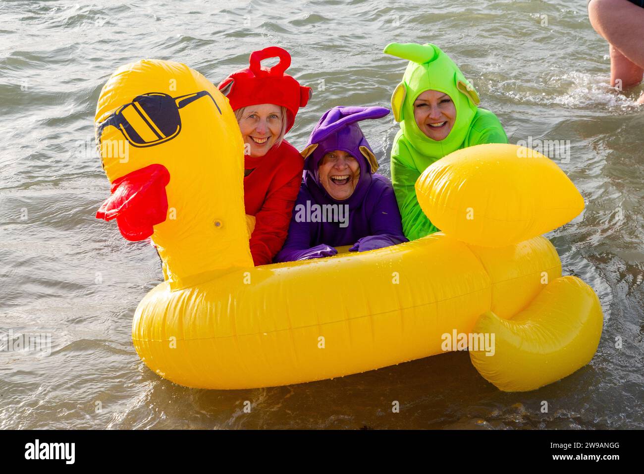 Jubilee Beach, Marine Parade, Southend on Sea, Essex, Regno Unito. 26 dicembre 2023. Come è diventata una tradizione nelle località balneari, un "tuffo di Santo Stefano" si è svolto nel freddo estuario del Tamigi a Southend on Sea vicino al molo della città, raccogliendo fondi per l'ente benefico Royal National Lifeboat Institution. Quasi 700 persone hanno preso l'acqua che è stata misurata a 7,2 gradi Celsius. Molti dei coraggiosi nuotatori indossavano costumi natalizi festivi. Gli equipaggi RNLI si sono occupati della supervisione della sicurezza Foto Stock