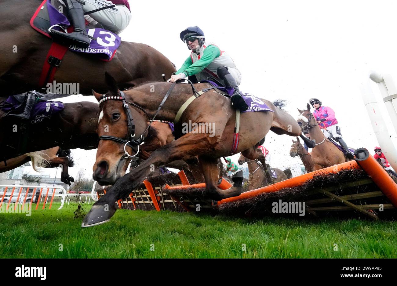 Old Port, attraversato da R W Barron Falls durante l'hurdle Thorntons Recycling Maiden il primo giorno del Leopardstown Christmas Festival all'ippodromo di Leopardstown, Dublino. Data immagine: Martedì 26 dicembre 2023. Foto Stock