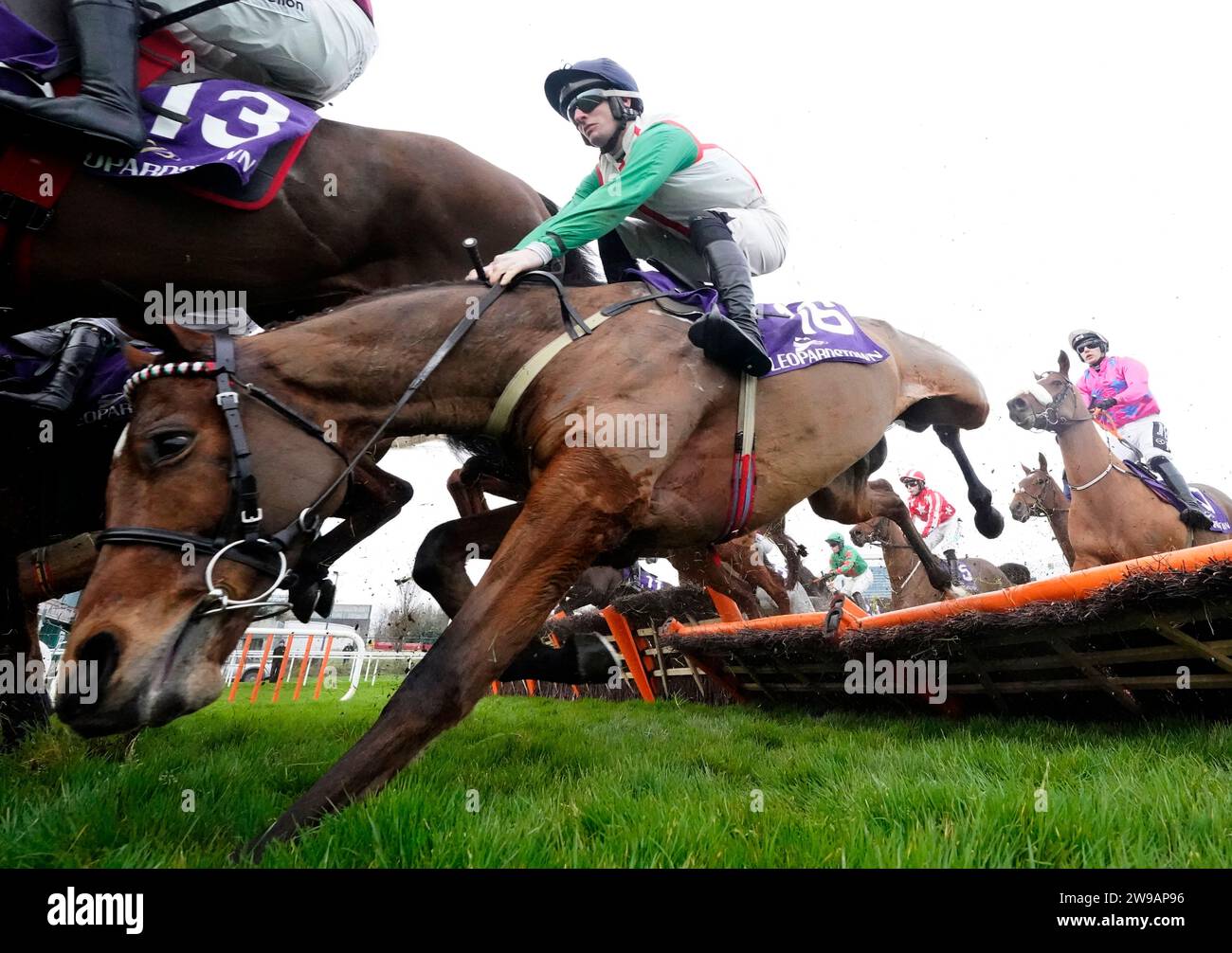 Old Port, attraversato da R W Barron Falls durante l'hurdle Thorntons Recycling Maiden il primo giorno del Leopardstown Christmas Festival all'ippodromo di Leopardstown, Dublino. Data immagine: Martedì 26 dicembre 2023. Foto Stock