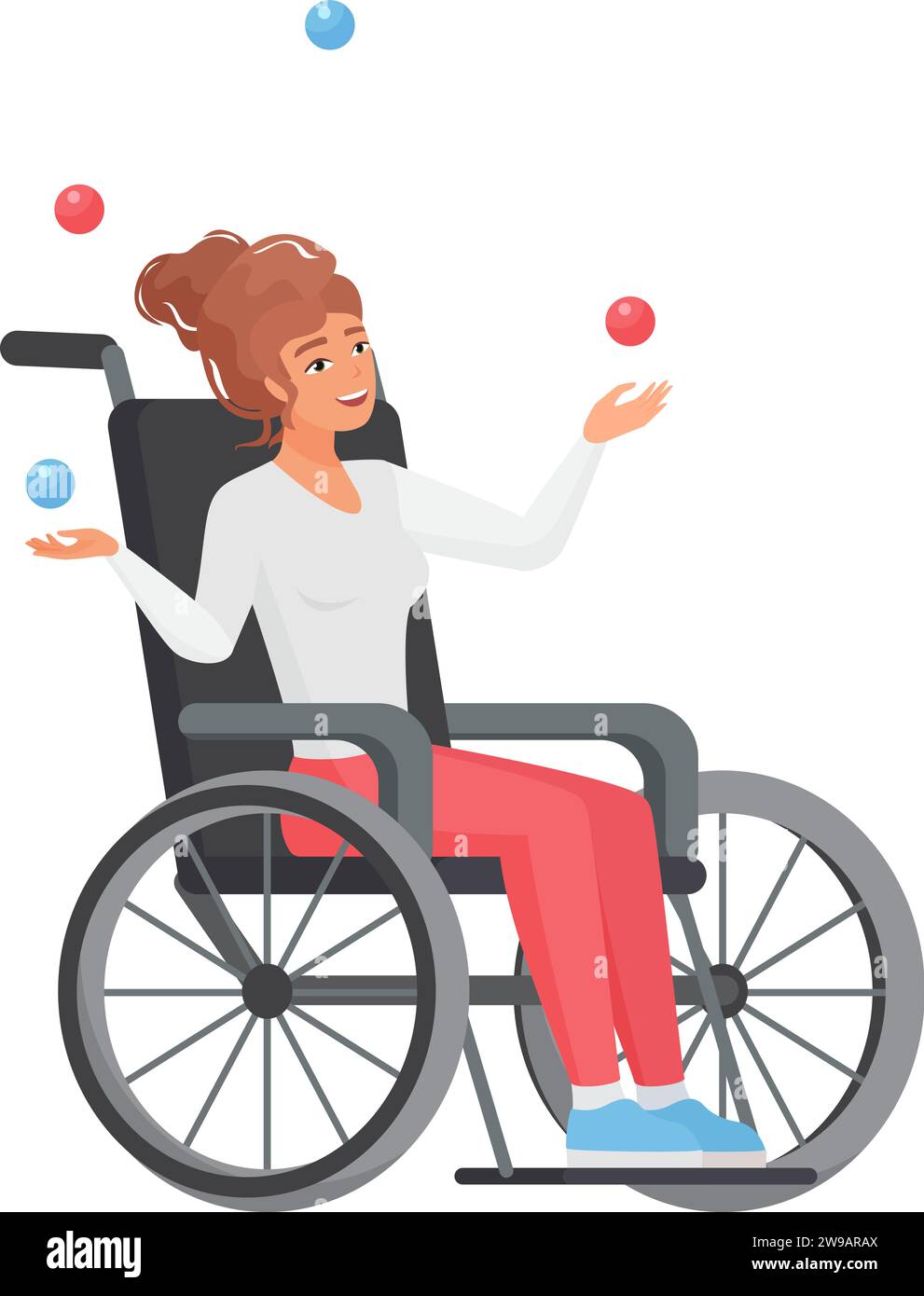 Donna in sedia a rotelle che giocola. Donna con mobilità limitata che si diverte con l'illustrazione vettoriale dei cartoni animati Illustrazione Vettoriale