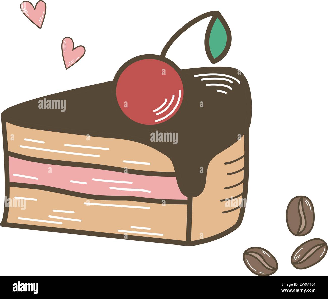 Pezzo di torta con ciliegie in glassa al cioccolato. Dolci al burro, clip art. Torta di bacche stratificate, illustrazione vettoriale isolata Illustrazione Vettoriale