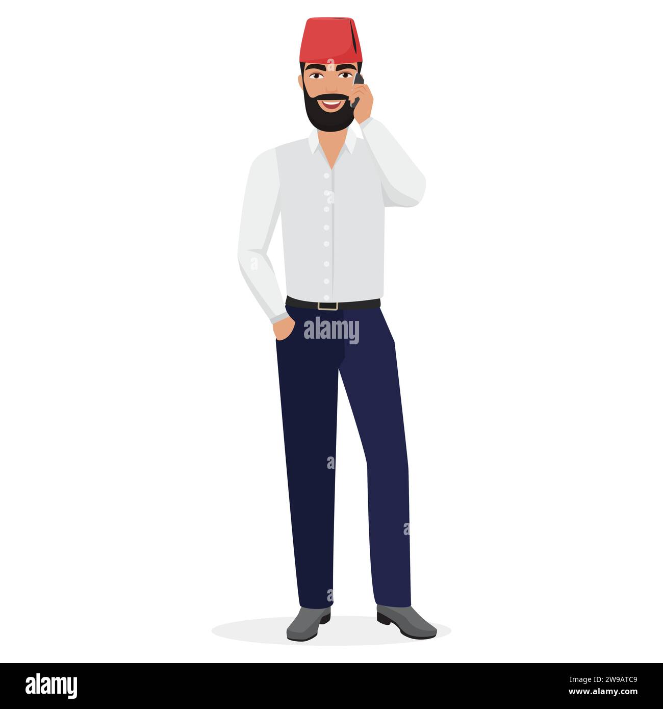 Uomo d'affari arabo che parla al telefono. Uomo musulmano che chiama illustrazione vettoriale dei cartoni animati Illustrazione Vettoriale