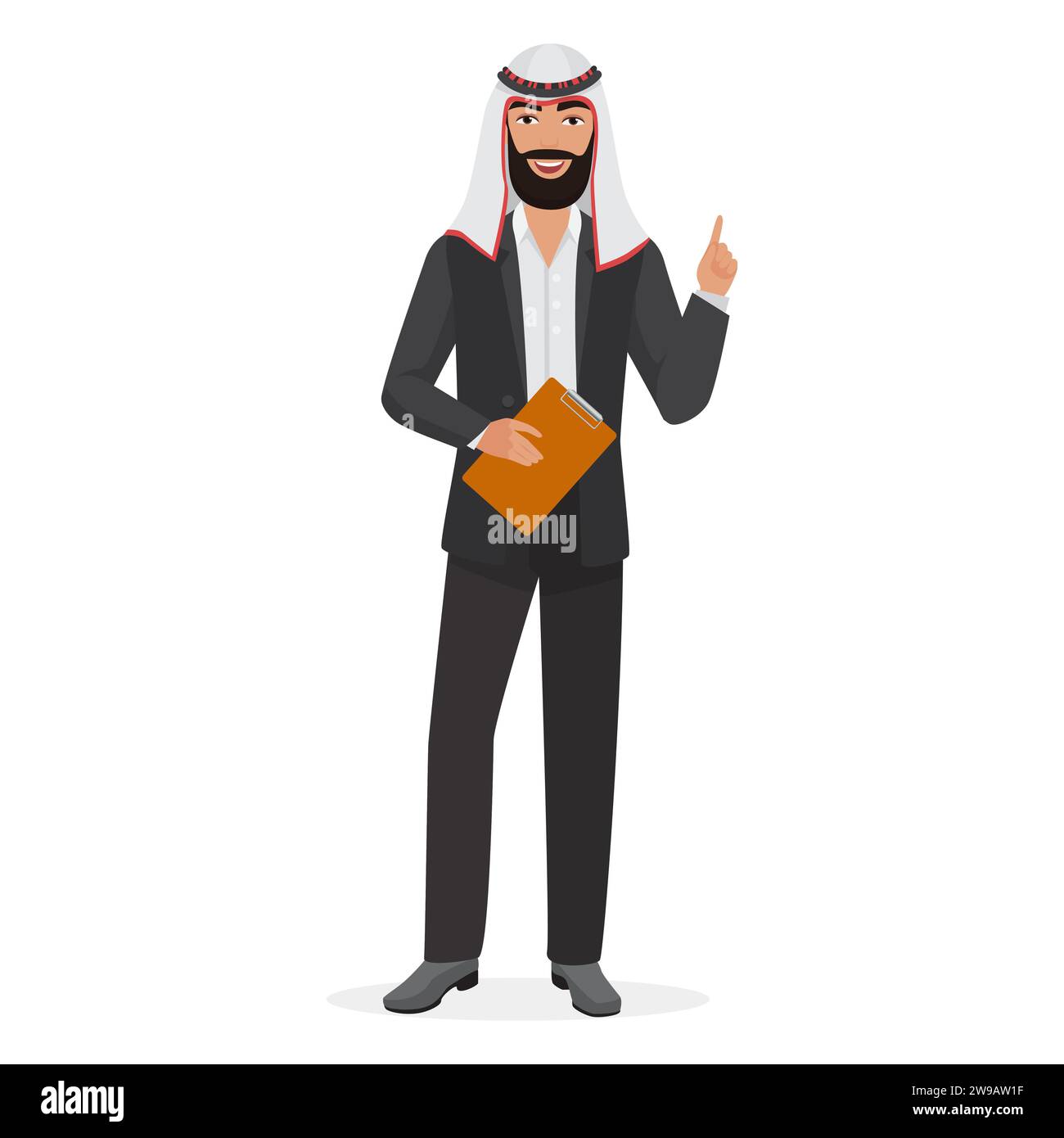 Un uomo d'affari arabo che punta il gesto. Uomo musulmano che indossa la classica tuta illustrazioni vettoriali dei cartoni animati Illustrazione Vettoriale
