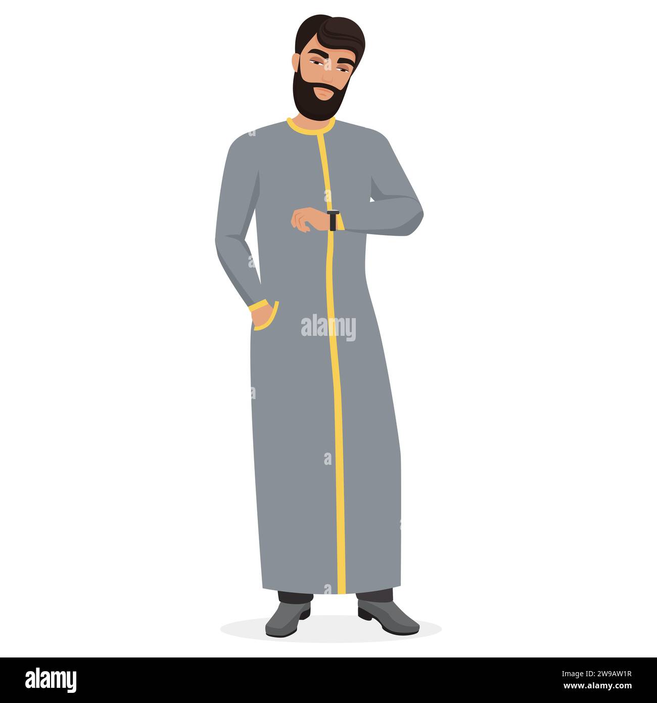 Un arabo che guarda l'orologio. In attesa di un uomo musulmano in veste tradizionale illustrazione vettoriale di cartoni animati Illustrazione Vettoriale