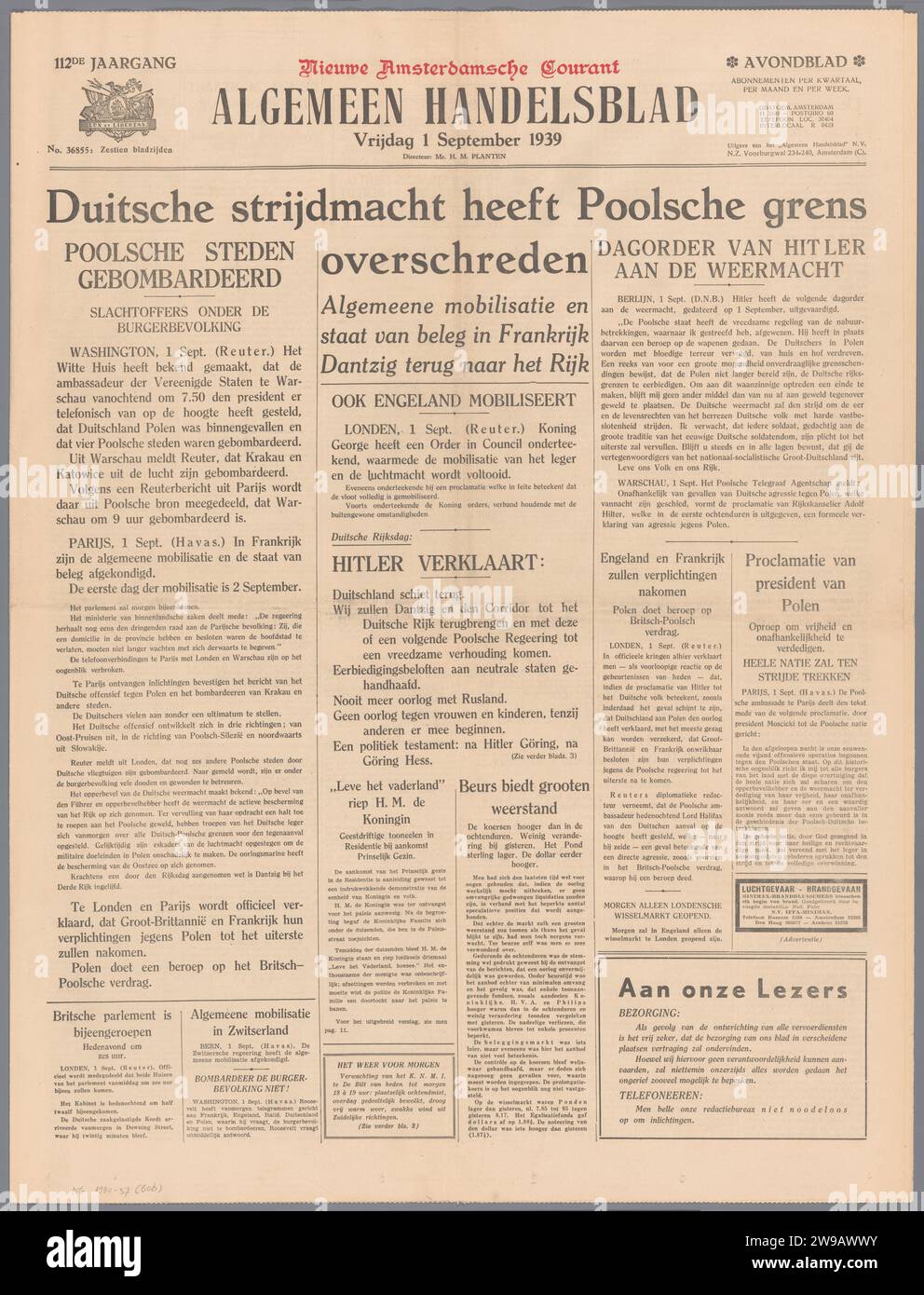 Algemeen Handelsblad, Algemeen Handelsblad, 1939 giornale sull'invasione tedesca in Polonia, 8 pp (di 16) n.. 36855 del 112° volume dell'Algemeen Handelsblad. Amsterdam stampa su carta Polonia Foto Stock