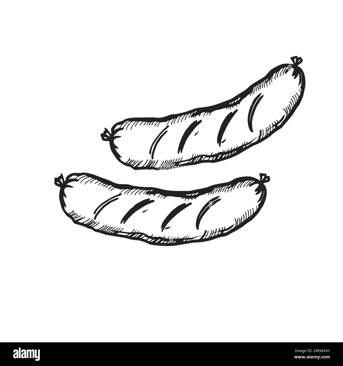 Salsicce alla griglia disegnate a mano vettoriali, illustrazione di cibo a inchiostro con due salsicce di carne, schizzo in bianco e nero di tema barbecue isolato su sfondo bianco Illustrazione Vettoriale