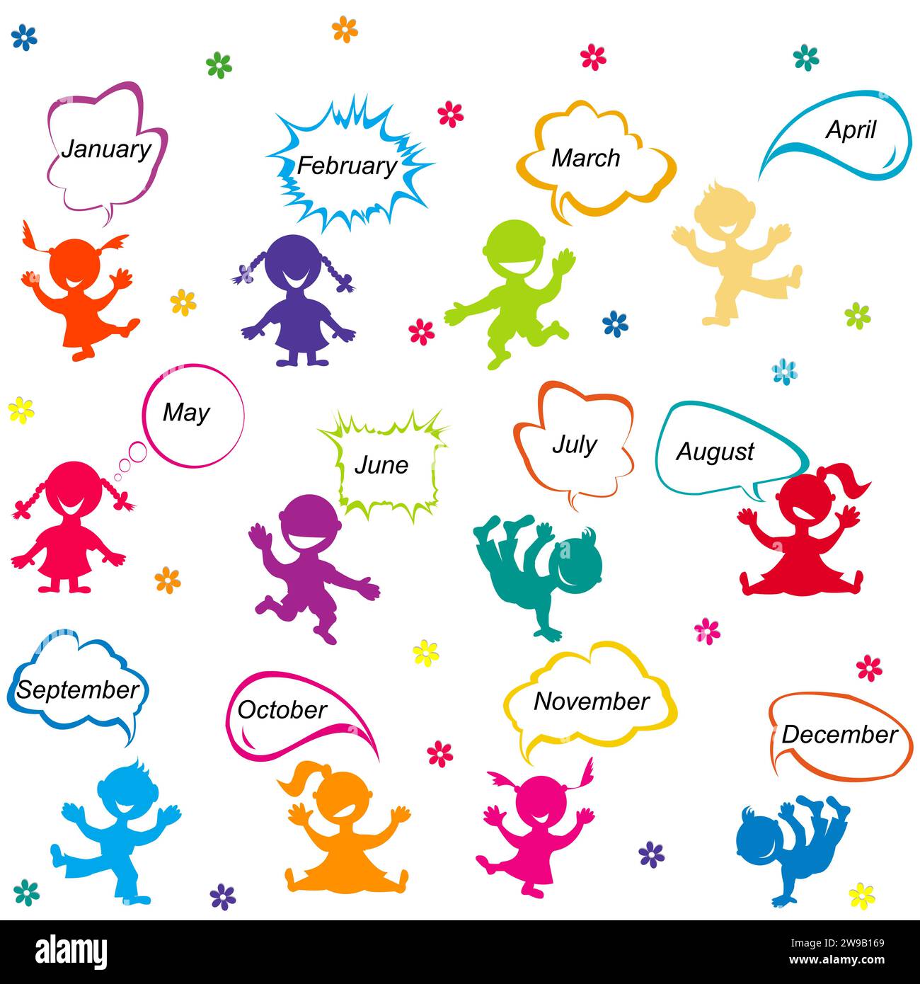 I mesi dell'anno sono scritti in chat bolle e animazioni colorate per bambini Illustrazione Vettoriale