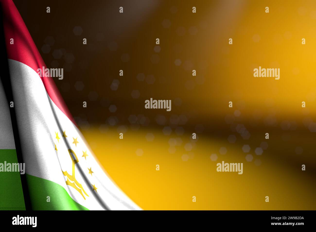 Illustrazione 3d della bandiera del Tagikistan - immagine della bandiera del Tagikistan appesa diagonalmente sul giallo con messa a fuoco selettiva e spazio vuoto per il testo Foto Stock