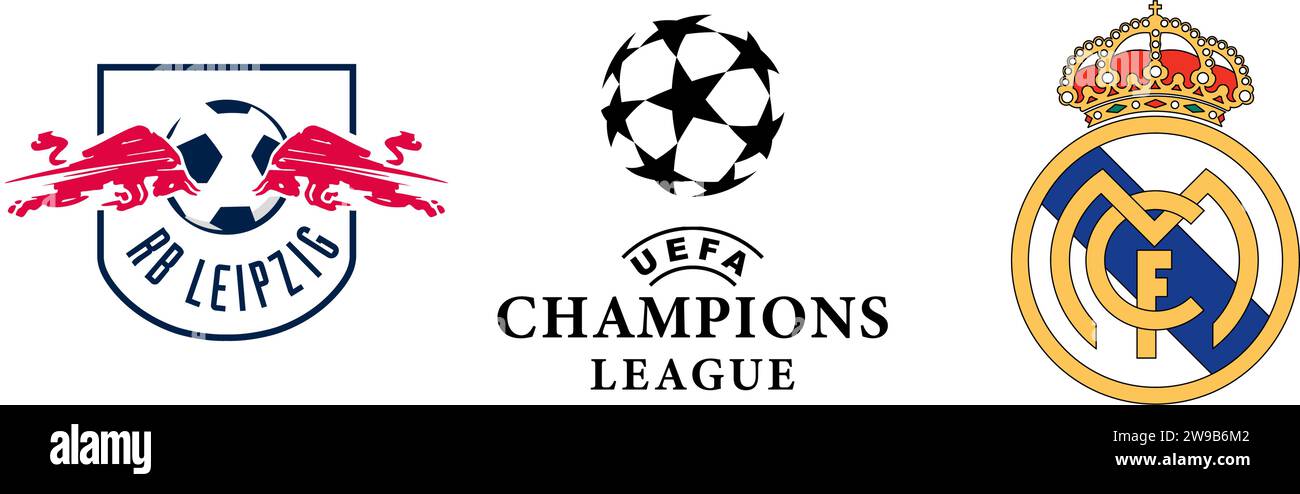 Vinnitsa, Ucraina - 26 dicembre 2023: Calcio Leipzig vs Real Madrid logo. Lega dei campioni. Illustrazione vettoriale Illustrazione Vettoriale