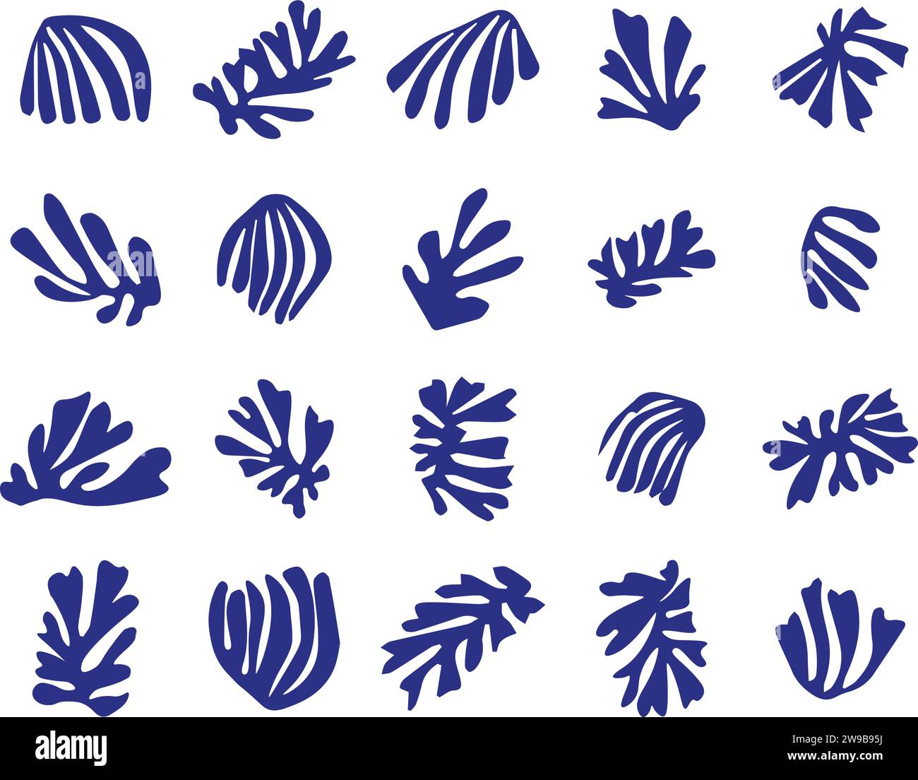 Set di arti astratte blu Matisse. Set di elementi artistici creativi astratti e alla moda. Illustrazione vettoriale Illustrazione Vettoriale