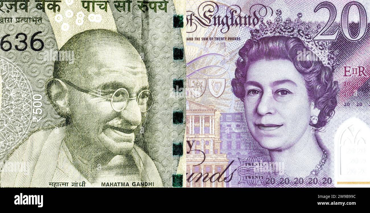 Ritratti del Mahatma Gandhi su rupie indiane e della regina Elisabetta II dalla banconota in sterline britanniche. Concetto aziendale del tasso di cambio, stoc Foto Stock