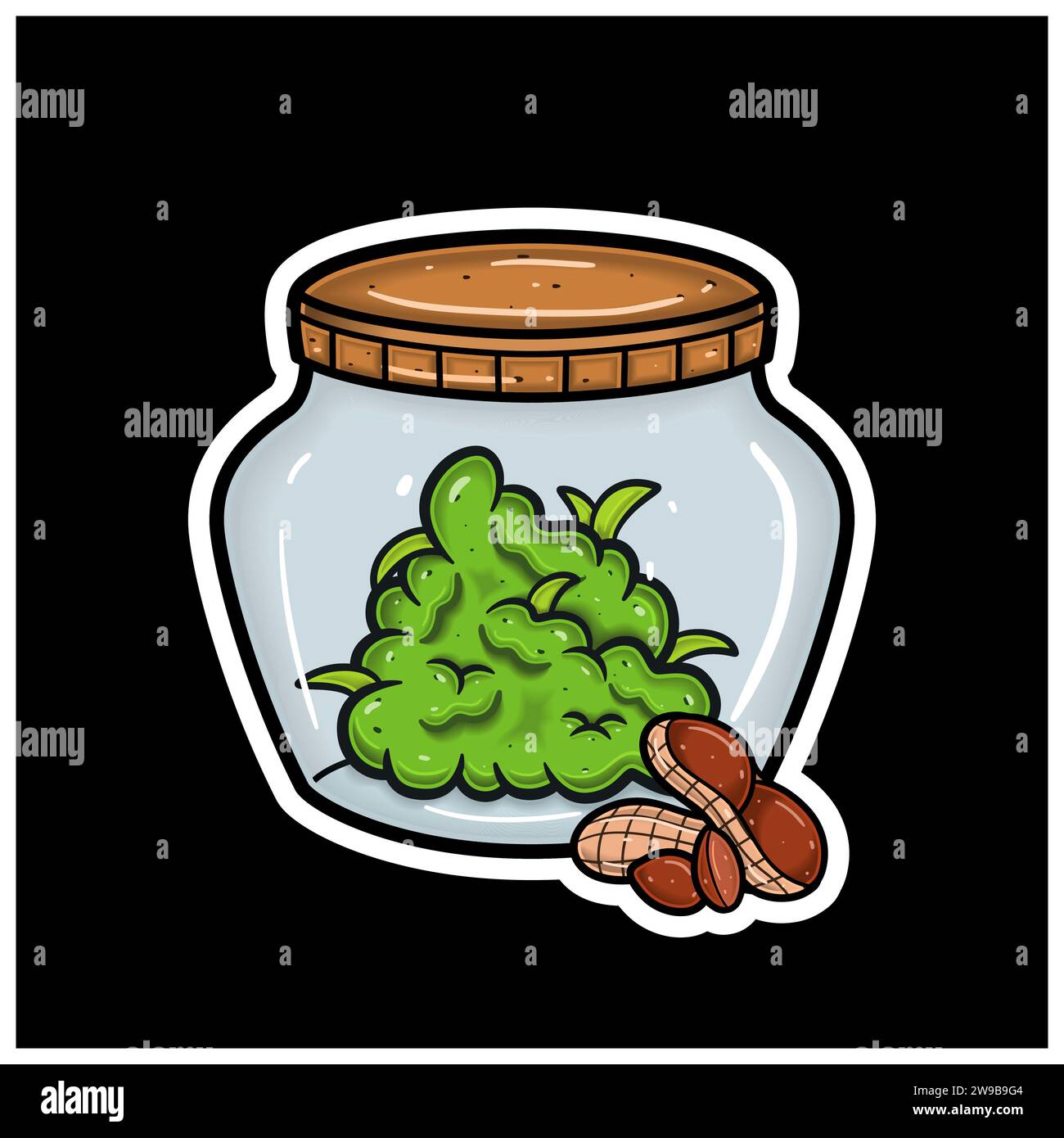 Sapore di nocciola con Cartoon Mascot of Weed Bud on Jar. Per adesivo ed etichetta. Vettore e illustrazione. Illustrazione Vettoriale