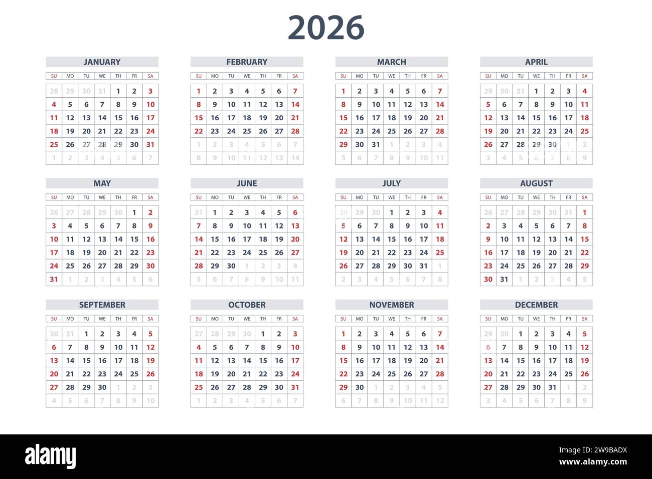 Calendario Planner per il 2026. Modello di calendario per il 2026. Calendario aziendale e aziendale 26. La settimana inizia la domenica Illustrazione Vettoriale