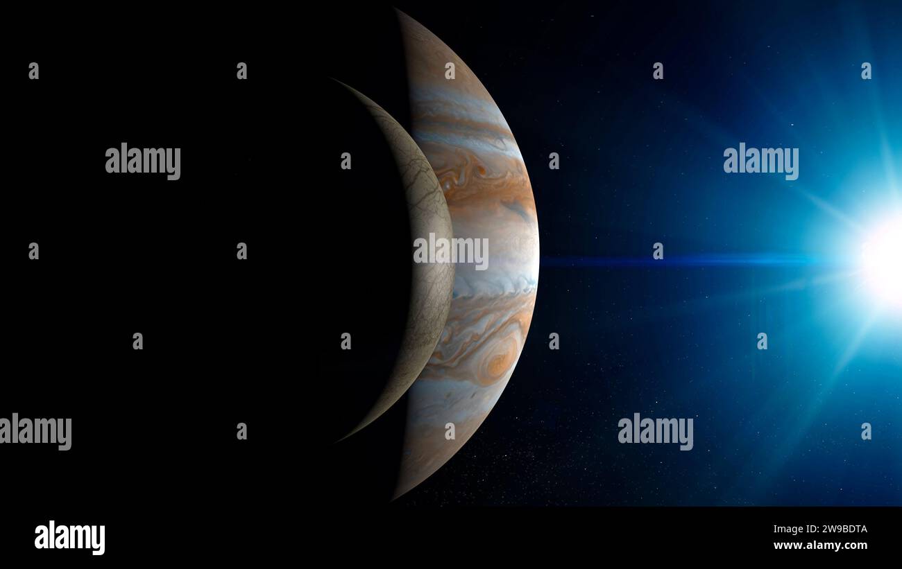La superficie di Europa con Giove in ascesa sullo sfondo. Pianeti e luna. rendering 3d. Elementi di questa immagine sono forniti dalla NASA Foto Stock