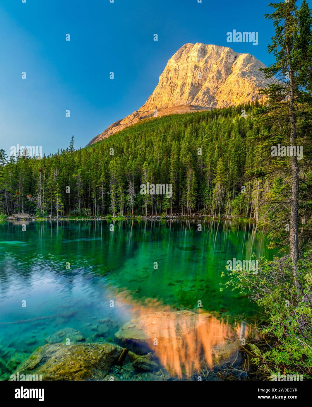 Monte Lawrence grassi e ha Ling Peak in inverno, Canmore, Alberta, Canada Foto Stock