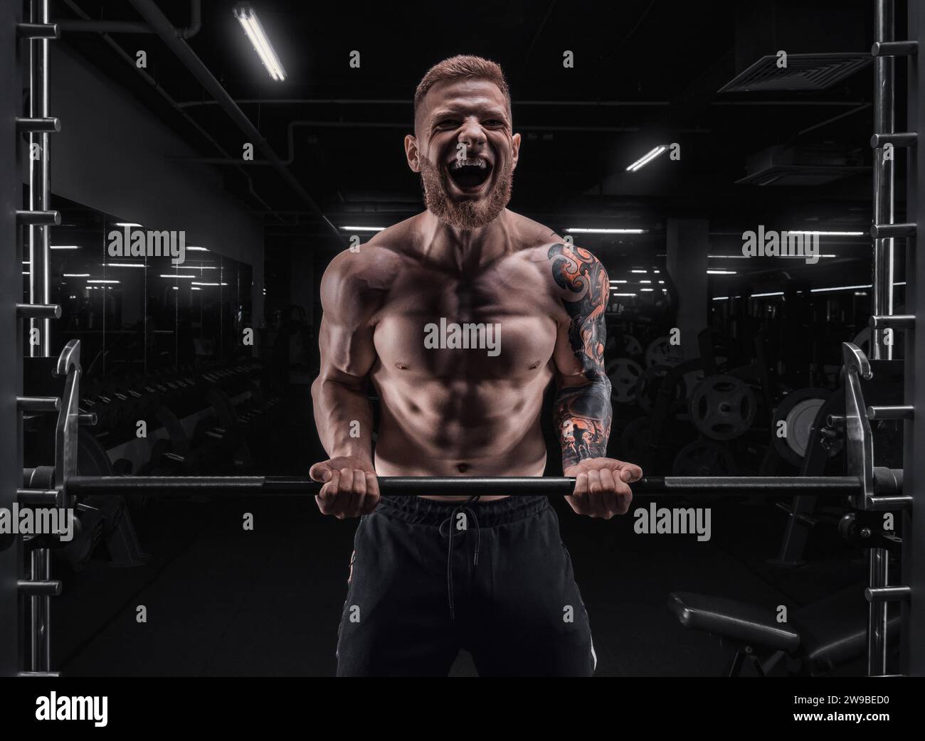 Ritratto di un atleta che tira bicipiti in palestra. Concetto di bodybuilding e fitness. Supporti misti Foto Stock