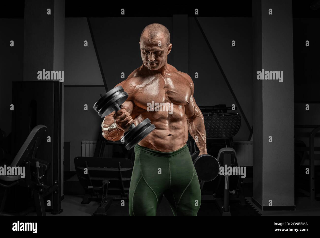 Il sollevatore professionista si sta allenando in palestra. Dumbbell Curl. Concetto di bodybuilding. Supporti misti Foto Stock