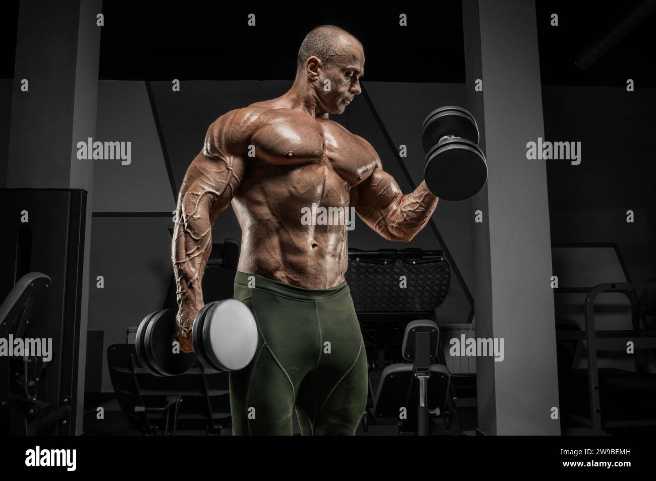 Il sollevatore professionista si sta allenando in palestra. Dumbbell Curl. Concetto di bodybuilding. Supporti misti Foto Stock