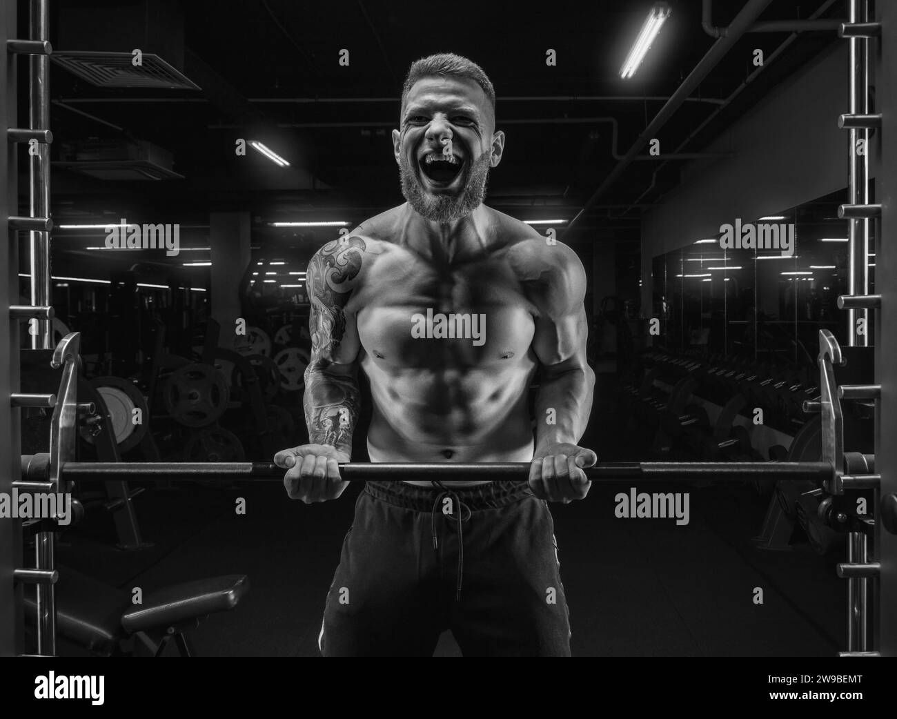 Ritratto di un atleta che tira bicipiti in palestra. Concetto di bodybuilding e fitness. Supporti misti Foto Stock