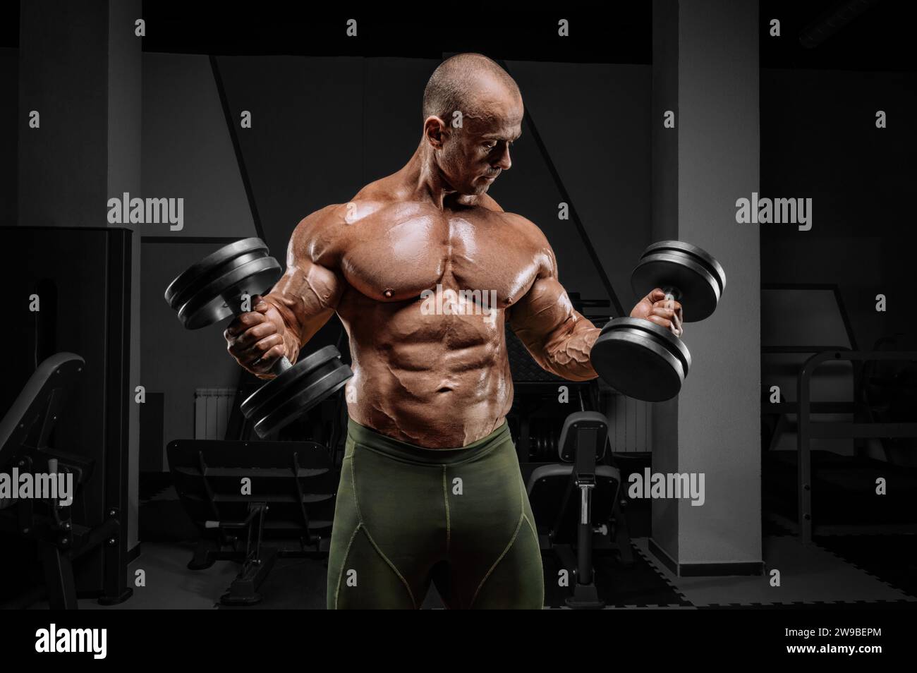 Il sollevatore professionista si sta allenando in palestra. Dumbbell Curl. Concetto di bodybuilding. Supporti misti Foto Stock