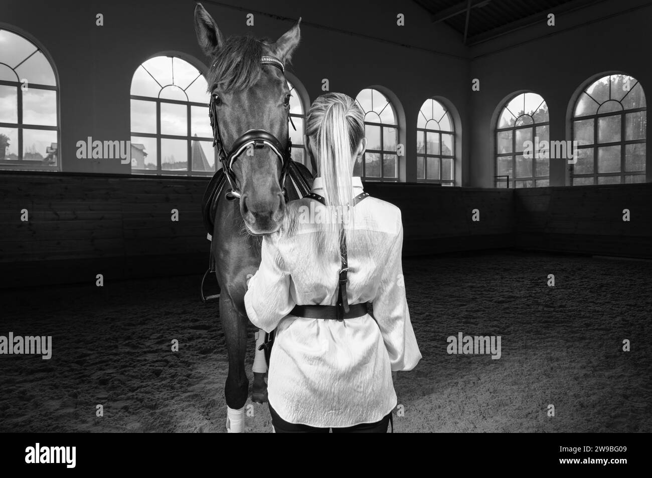 Immagine di una donna bionda sotto forma di un cavaliere dal retro. Corse di cavalli e sport equestri. Supporti misti Foto Stock