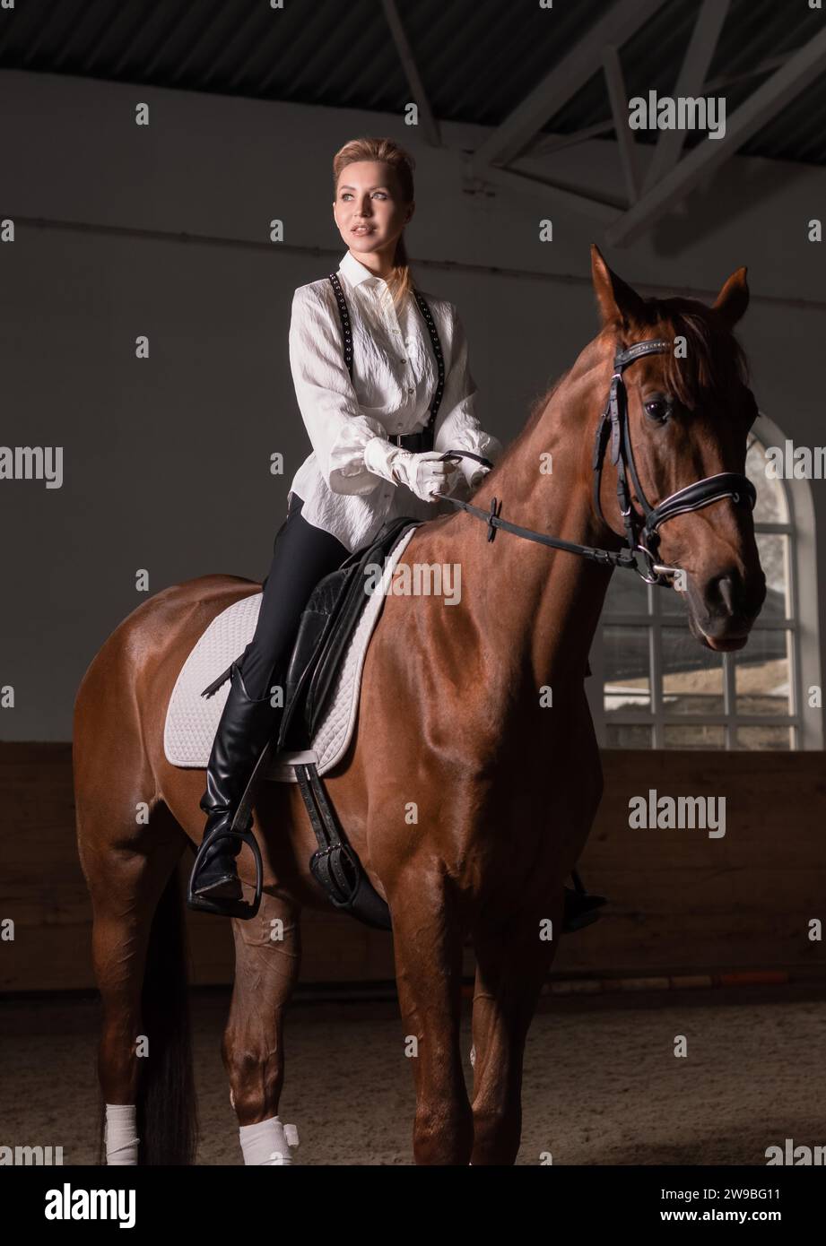 Immagine di una donna che cavalca un cavallo purosangue. Lo sfondo è un'arena di corse. Supporti misti Foto Stock